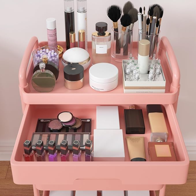 Calmootey 3-Tier Utility Cart with Drawer & Wheels, Storage for Home,Office | Space-Saving Organizer, Sturdy Plastic Shelves, Smooth-Rolling Metal Wheels, Built-in Drawer for Small Items, Pink