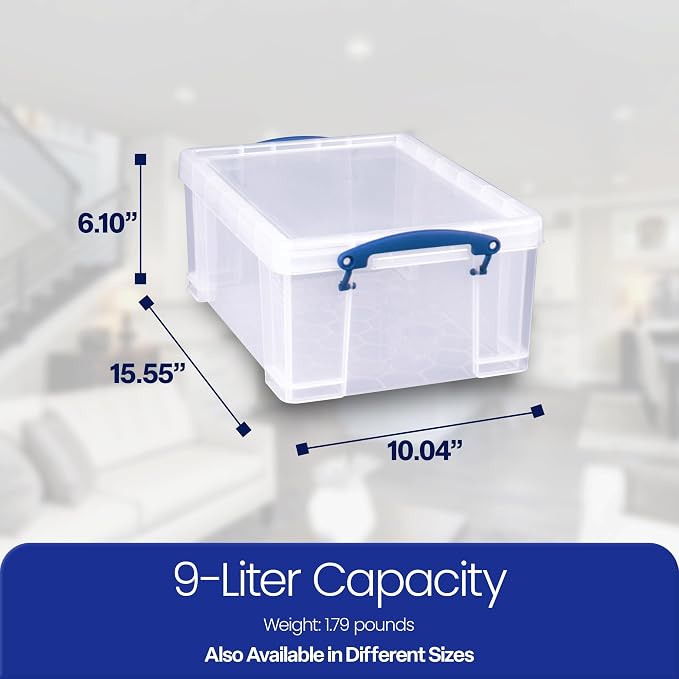 Really Useful Box Stackable 9 Liter Plastic Storage Container, 3 Pack | Bin with Snap Lid & Built-In Clip Lock Handles for Home & Office Organization