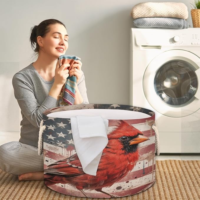 Large Storage Baskets - Red Cardinal American Flag Nursery Organizer Bin Box with Handles Collapsible Round Laundry Hamper for Kids Toys Pet Blanket, Bedroom Living Room Home Decor Gift Basket