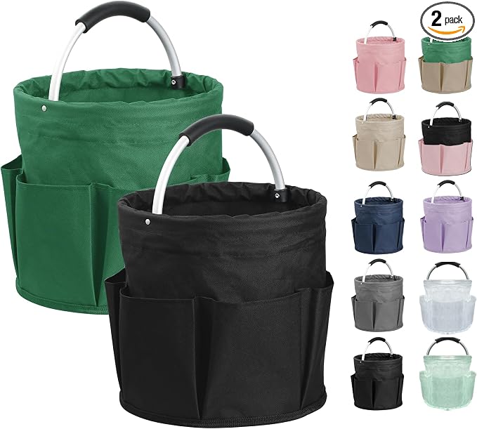 2PCS Cleaning Caddy, 17L Collapsible Cleaning Supply Caddy with Handle, Foldable Tool Bucket Organizer with Outer Pockets, Storage Basket for Travel, Housekeeping, RV, Green + Black