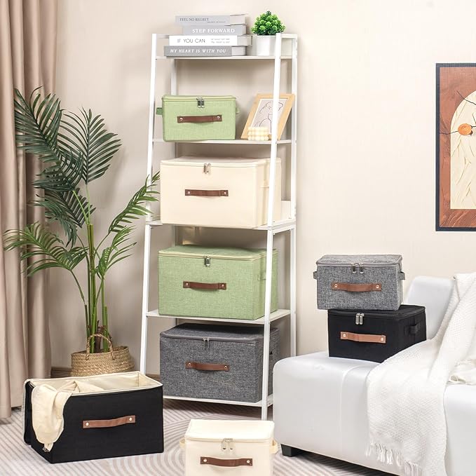 Storage Bins with Zipper Lid Decorative Lidded Box Fabric Baskets | Collapsible Shelves Closet Organizer Container, Cotton Linen Fabric, PU Leather Handle, Stackable Washable (Gray, Small)