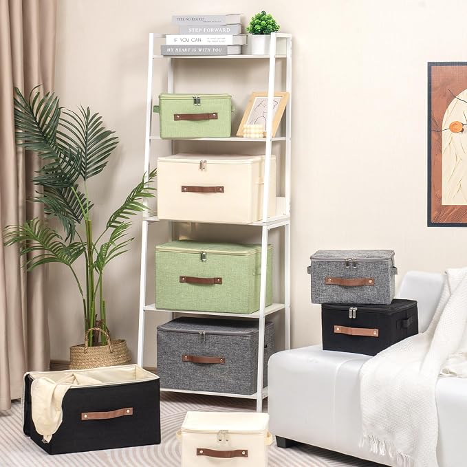 Storage Bins with Zipper Lid Decorative Lidded Box Fabric Baskets | Cotton Linen Fabric Boxes, Collapsible Shelf Closet Organizer Container, PU Leather Handle, Stackable Washable(Beige, Small)