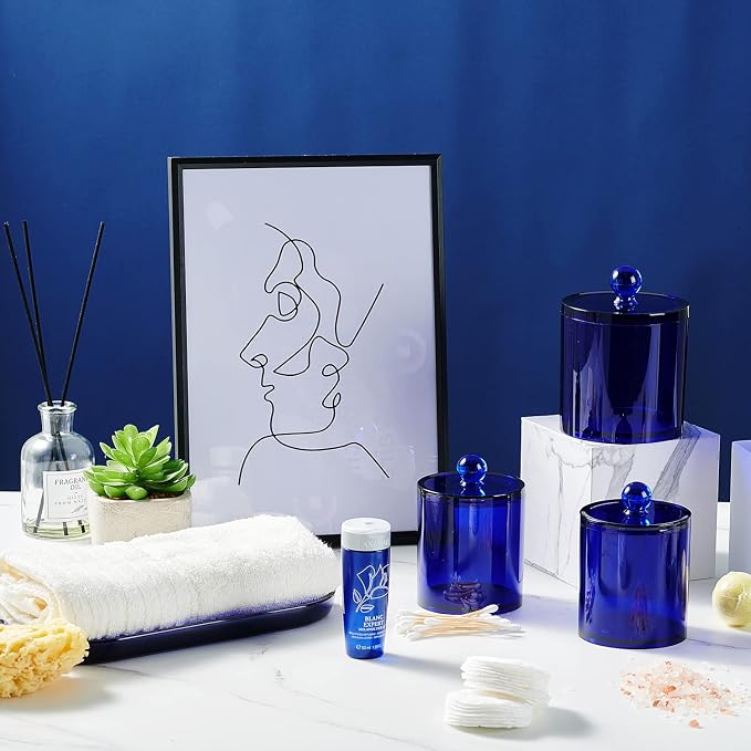 SheeChung 6 Pack Qtip Holder, Blue Acrylic Apothecary Jars for Bathroom | (3) 12oz & (3) 10oz Qtip Holder Set- Shatterproof Bathroom Vanity Organizer for Cotton Swabs, Balls, Pads - Coastal Decor