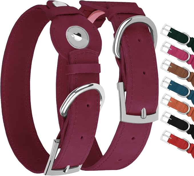 Leather Dog Collar with Airtag Holder - Apple Air Tag Dog Collars - Soft Tracking GPS Pet Collar for Small Medium Large Dogs Breed Puppy (Burgundy, S, 9"-12" Neck Fit)