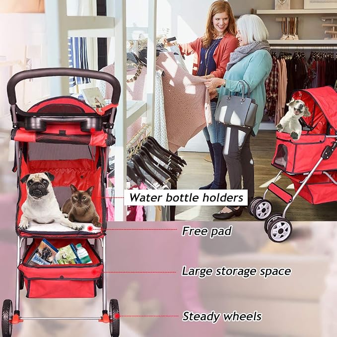 Dog Stroller Pet Stroller Cat Strollers Jogger Foldable Travel Carrier 35Lbs Capacity Doggie Cage Durable 4 Wheels Strolling Cart with Cup Holders and Removable Liner for Small-Medium Dog, Cat - Red