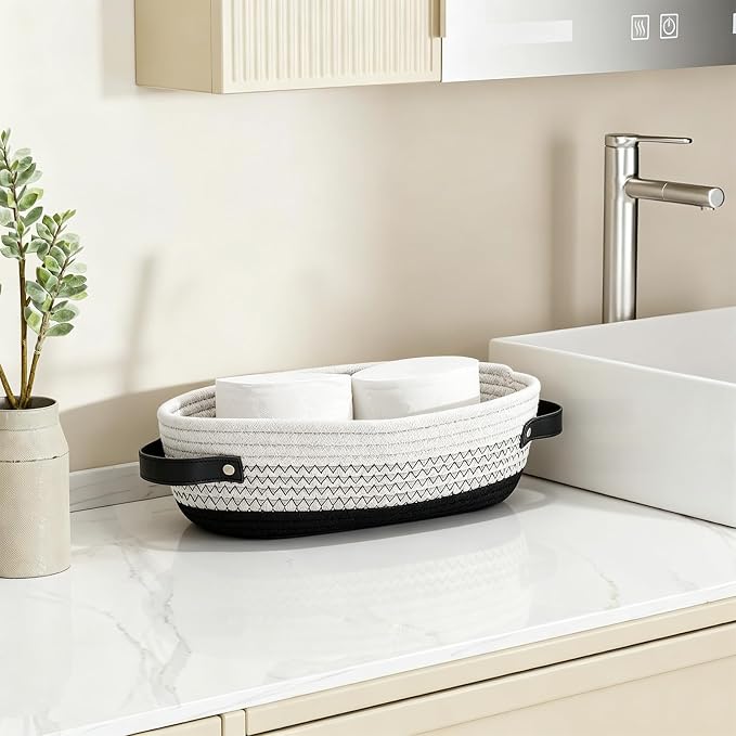 1 Pack Small Woven Storage Basket for Toilet Tank Top, Bathroom Countertop Organizer Basket Cotton Rope Toilet Paper Storage Toilet Paper Decorative Basket 13"x6"x4" (Black/White)