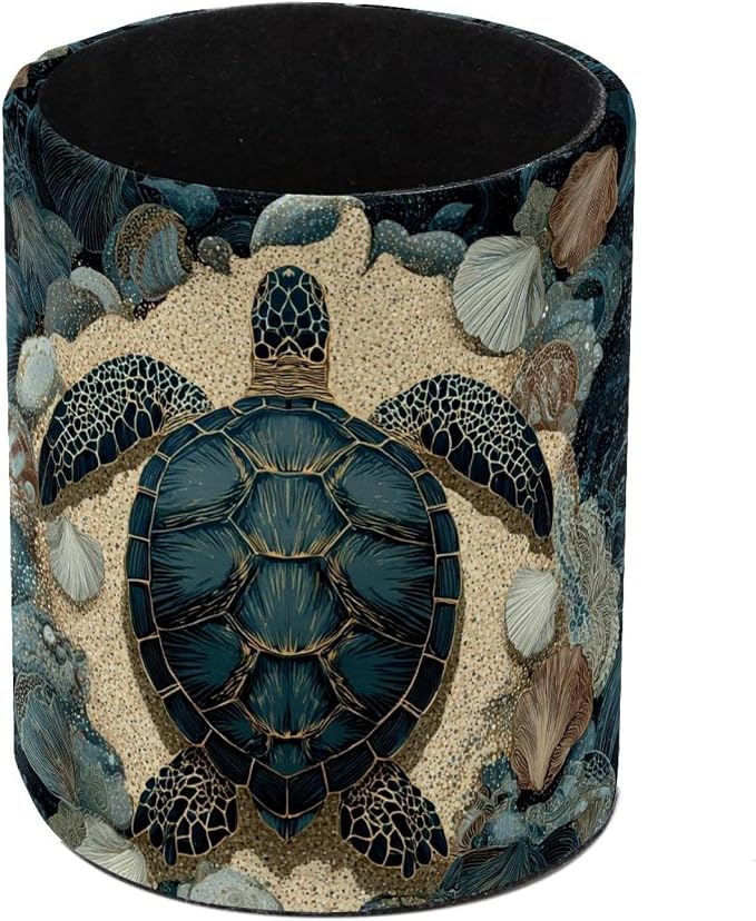 Faux Leather Pen Holder for Desk, Pencil Organizer Sea Turtle Pen Cup Desk Decor Makeup Brush Holder Storage for Office Home