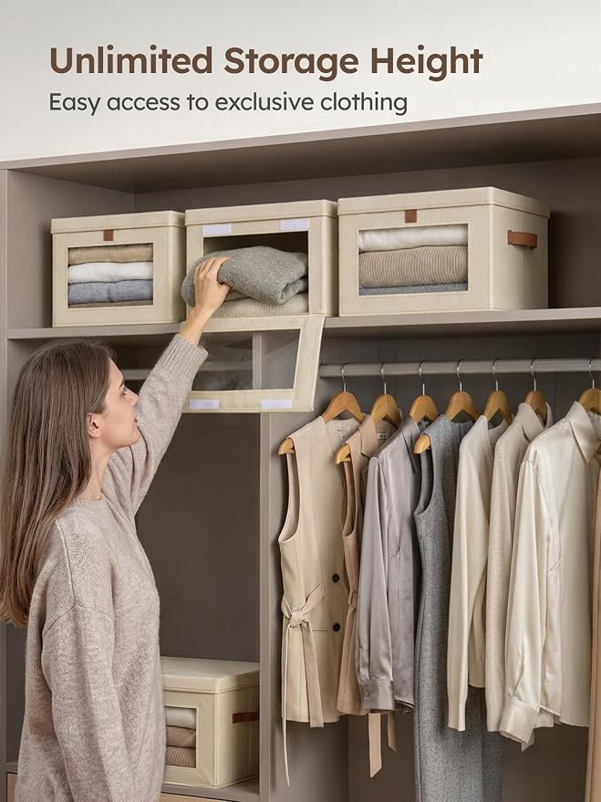 Medium Fabric Storage bins - Collapsible Storage Bins with Open Window, 5 Pack Closet Baskets for Shelves, Stackable Decorative Boxes for Home, Dorm, Beige, 13.7"x 9.8" x 9.8"