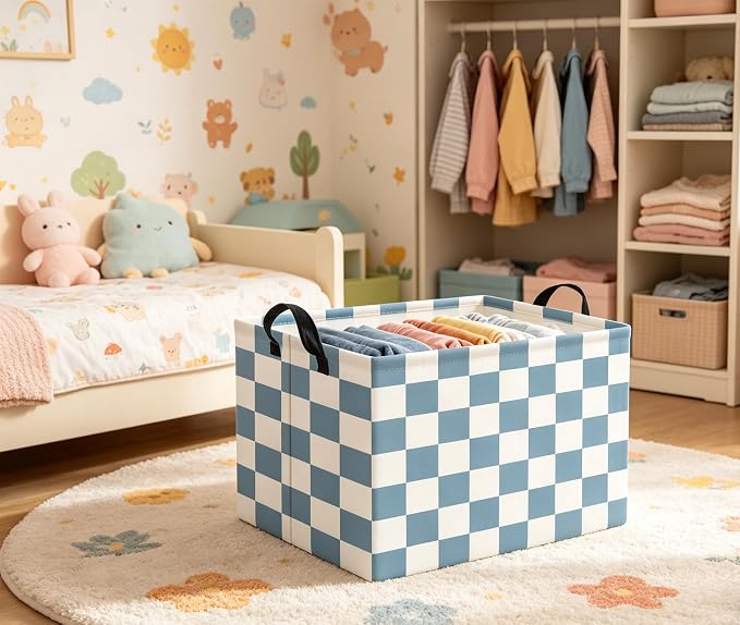 Rectangular Kids Basket Baby Girl Basket Fabric Storage Bin Organizer Box Room Decor(Blue Checkered)