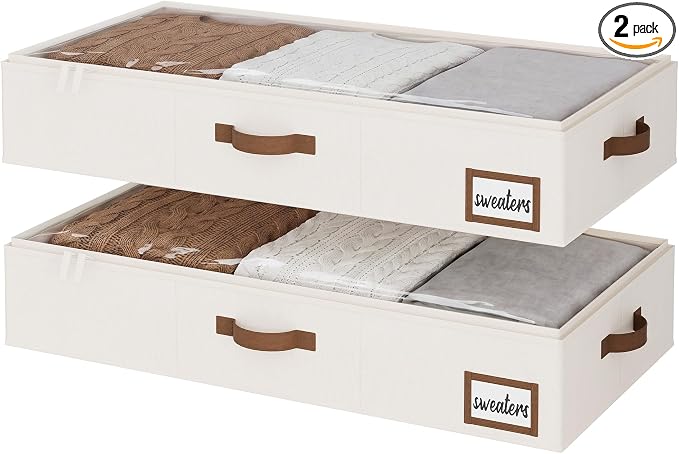 StorageWorks 6 Inch Low Profile Under Bed Storage Containers with Clear Lid | Reinforced Structure, Resists Sagging, Handles & Label Holder, Foldable Stackable Closet Storage for Clothes, Blankets, Toys