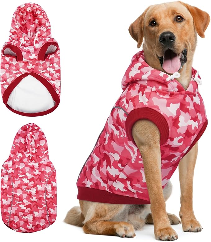 IECOii Dog Hoodie for Large Dogs, Fleece Lined Dog Sweatshirt Pullover with Leash Hole and Reflective Stripes, Windproof Warm Hoodie for Dogs Girl Boy, Fall Winter Doberman Hoodies, Pink Camo, XXXL