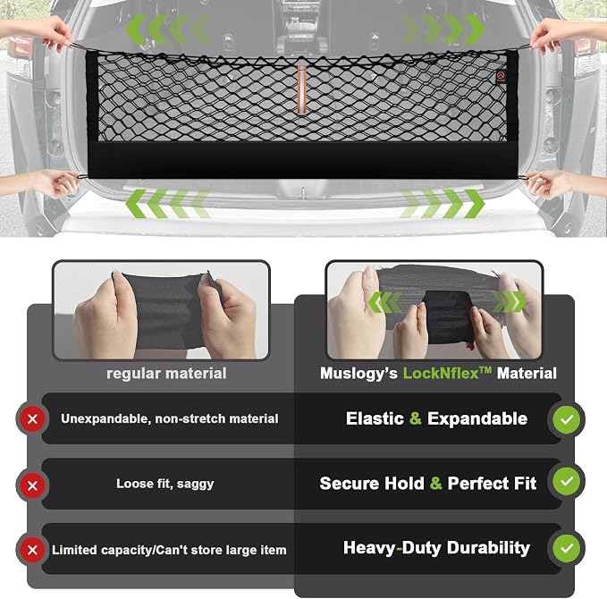 Muslogy Cargo Net for 2018-2025 2026 Toyota Camry Accessories | Custom Fit, Trunk Storage Organizer Net for SUV Sedan Van Divider, with Heavy Duty Carabiners, Night Visible Grab Handle