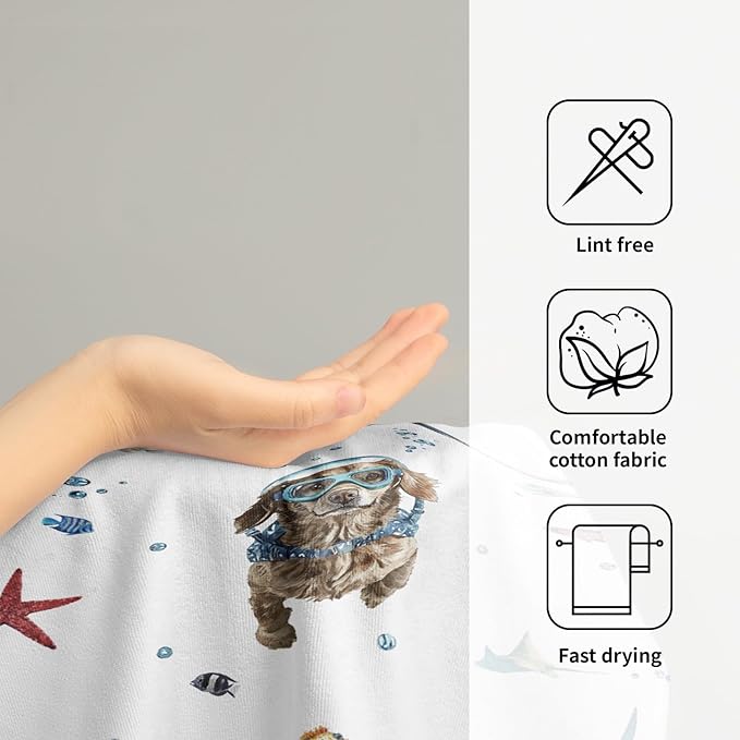 Giwawa Funny Dog Hand Towel Set of 2 Summer Nautical Ocean Blue Sea Towel Underwater Swimming Puppy Decorative Face Fingertip Towel Dish Wash Cloth for Bathroom Hotel Gym Home Spa