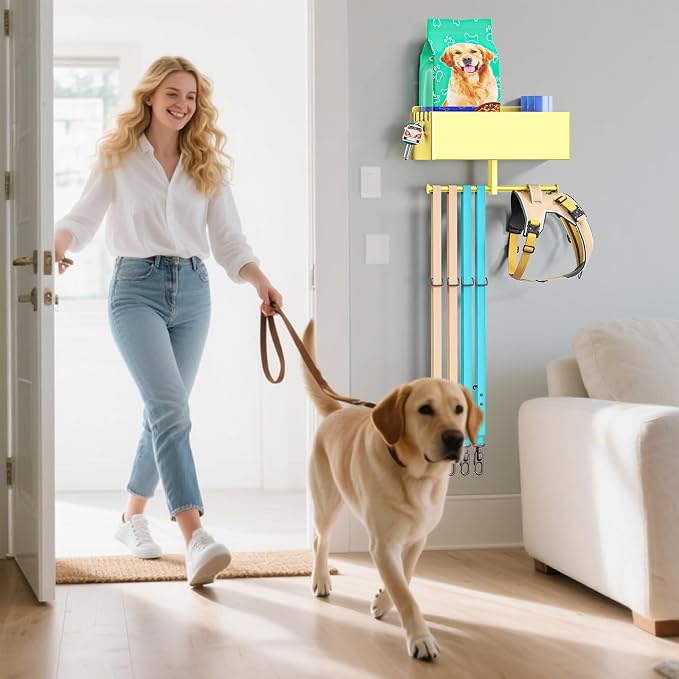 Dog Leash Holder for Wall, Dog Leash Hooks, Pet Stuff Organizer with Shelf Storage, Metal Key Holder, Leash Hangers Organizer Rack for Pet Collar, Toys, Treats, Poop Bag (Gold)