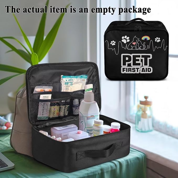 First Aid Case Empty Pet Heartbeat Pattern Veterinary Medic Bag for Animal Clinics and Pet Owners Includes Secure Zipper Compartments Breathable Mesh Panels Soft Lining Washable Material