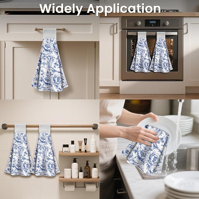 CUTHOLLOW Chinese-Style Flowers Hanging Kitchen Towels with Loop, Set of 2 - Soft & Super Absorbent Microfiber Decorative Hanging Dish & Hand Towel, Tea, Coffee Towel for Kitchen Bathroom Oven Handle