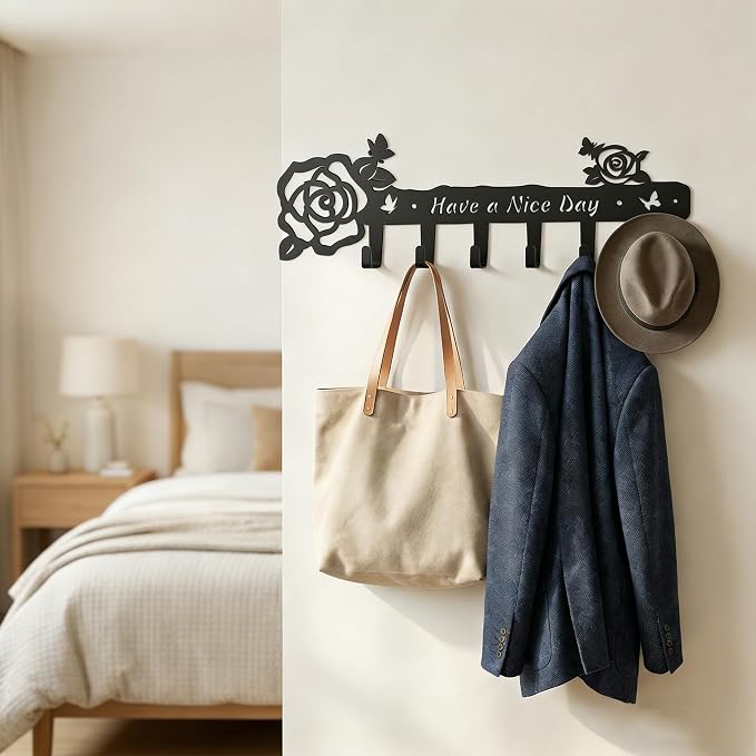 Key Holder Wall Mount, 13.5 Inch Wide-Spaced 6 Hooks Key Rack with Rose & Butterfly, Matte Black Rust-Proof Wall Organizer for Tidy Entryway, Hallway & Kitchen
