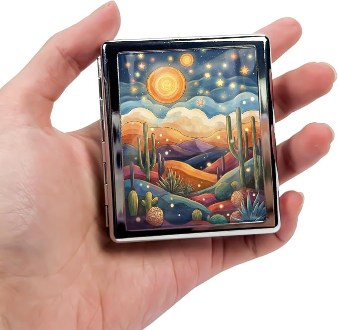 Weekly Pill Organizer, Metal Pill Box with 8 Compartments, Small Travel Pill Case for Purse Pocket, Medicine Vitamin Supplement Organizer (Desert Star Dream)