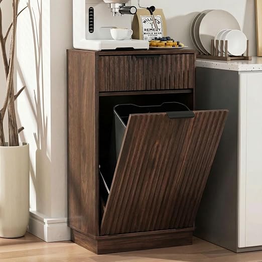 10 Gallon Tilt Out Trash Can Cabinet,Fluted Tilt Out Laundry Hamper Cabinet with Drawer,Wooden Trash can for Kitchen and Living Rooms