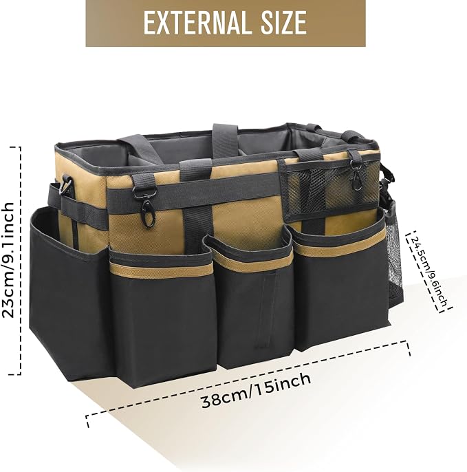 SCAVATA Wearable Cleaning Caddy Organizer with Handle & Shoulder Straps for Housekeepers, Under Sink & Car Cleaning Tool Organizer Bag with 4 Foldable Dividers (Tan)