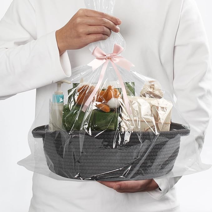 Small Rope Basket, Baskets for Gifts Empty, Cute Woven Basket for Dog Toy, Cat Toy Bin Box, Wicker Organizing Basket for Book, Baby Diaper, Towels, Snack, 13” x 9” x 5”, Dark Gray