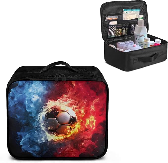 Empty First Aid Kit Soccer Flame Large Capacity First Responder Bag for Family Camping Trips and Car Safety Storage Includes Water-Resistant Lining Soft Interior Washable Exterior
