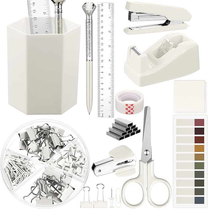 Marspark 12 Pcs Beige Desk Accessory Set Office Supplies Kit | Stapler Tape Dispenser Pen, Scissors Ruler Staple Remover Clips Sticky Notes, Beige Desk Supplies, Stationery Kit