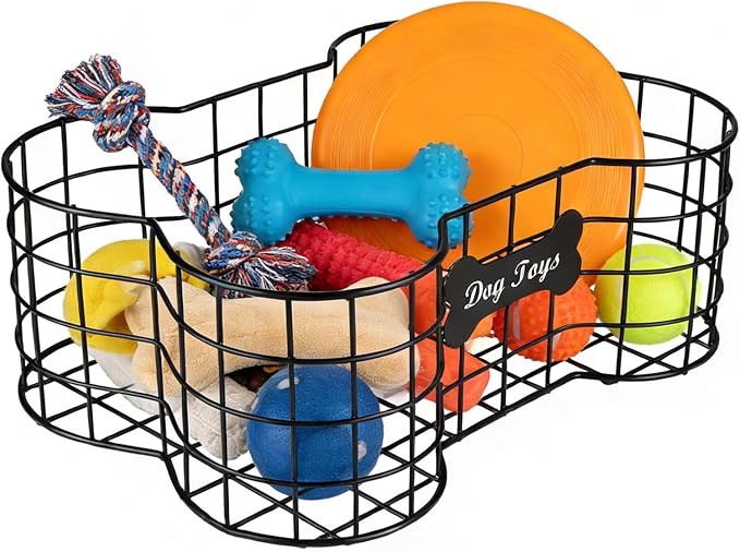 Metal Dog Toy Basket,Iron Wire Dog Toy Bin,Dog Bone Shaped Basket,Puppy Toy Stuff Organizer,Sturdy Dog Storage for Dog Toys,Harness,Leash,Blanket,Snacks,Accessories-Black