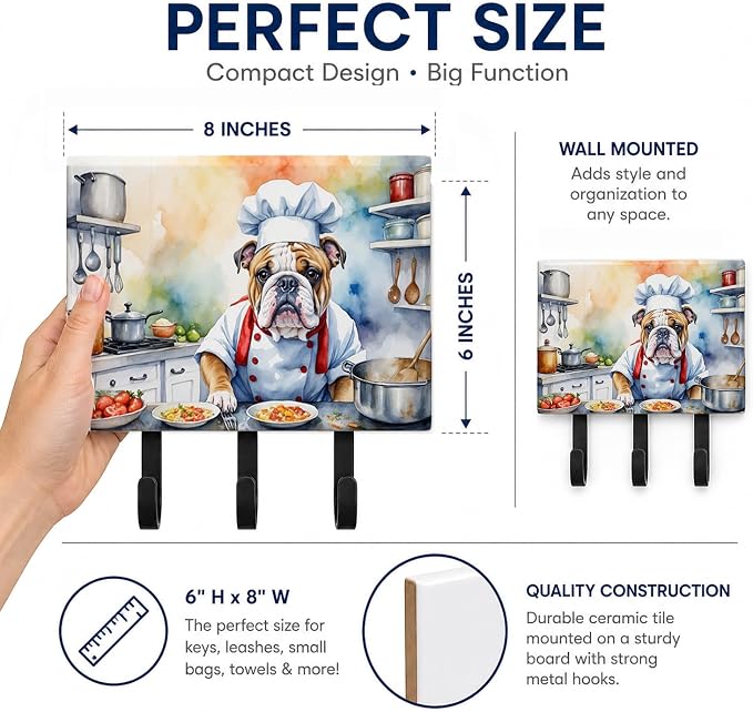Caroline's Treasures English Bulldog The Chef Leash or Key Holder Wall Hooks, Key Hooks Holder, Coat Rack Wall Mount, Coat Hooks, Hooks for Hanging Keys, Towels, Aprons, Leashes | English Bulldog The Chef artwork on ceramic tile with three steel hooks ...