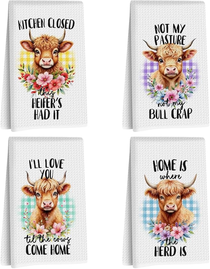 4 Pcs Funny Cow Kitchen Towels, Highland cattle Flower Decorative Absorbent Microfiber Dish Cloth Tea Towel, Plaid Waffle Soft Hand Towels for Farmhouse Home Bathroom Kitchen Decor, Cow Gifts