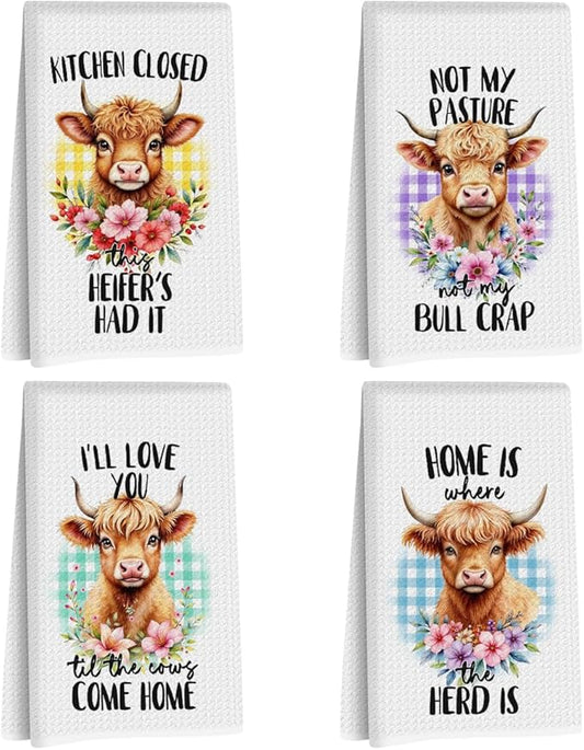 4 Pcs Funny Cow Kitchen Towels, Highland cattle Flower Decorative Absorbent Microfiber Dish Cloth Tea Towel, Plaid Waffle Soft Hand Towels for Farmhouse Home Bathroom Kitchen Decor, Cow Gifts