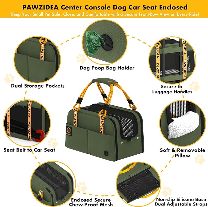 PAWZIDEA Center Console Dog Car Seat, Secure Straps & Anti Slip, Up to 12lb | Enclosed Small Dog Armrest Booster Car Seats, Anti-Collapse Portable Pet Carrier Soft-Sided, Removable Pillow &Storage Pocket