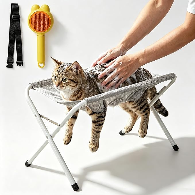 Foldable Pet Bathing Stand - Grooming Pet Bath Stand with Quick Surface and Strap, Pets Bathing Hammock Holds 44 Lbs, Mesh Bath Station for Bathings Nail Trimming for Pets (Gray)