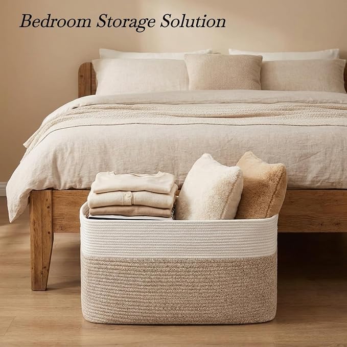 Optish 95L Large Woven Blanket Basket, Storage Basket with Handles | Sturdy Cotton Rope Basket Organizer Blanket, a lot of Toys, Comforter, Pillows, Bedroom, Living Room, Bathroom, Easy to Carry