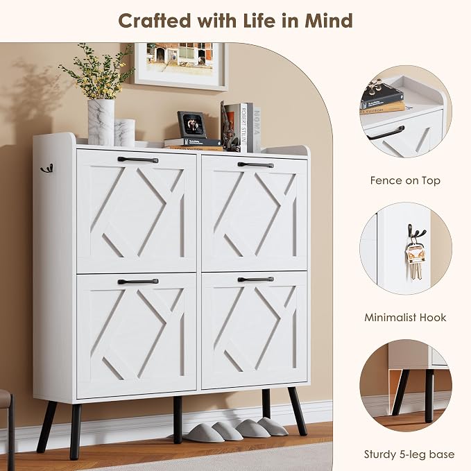 Shoe Cabinet with 4 Flip Drawers, Freestanding Shoe Organizer Cabinet with Metal Legs, Farmhouse Slim Shoe Rack Cabinet for Entryway, Foyer, Hallway, White