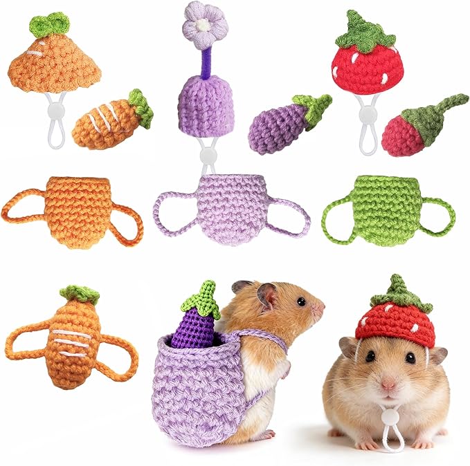 10 Pcs Hamster Costume Set - 3 Mini Party Hats, 4 Backpacks & 3 Vegetable Props | Cute Hand Knitted Pet Clothes Holiday Party Costume Accessories for Small Animals (Hamster, Guinea Pig, Bunny)
