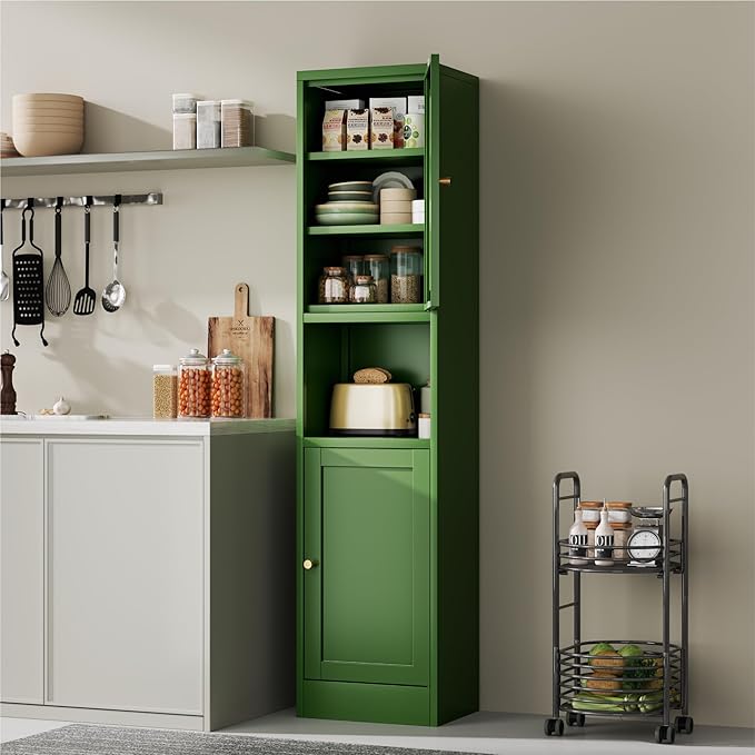 YAUWOH 2-Door Metal Storage Cabinet, Tall Slim Pantry Organizer with 3 Adjustable Shelves (120LBS/Shelf), Anti-Tipping Waterproof Cabinet for Bathroom/Kitchen/Home Office/Small Spaces,(1PC,Green)