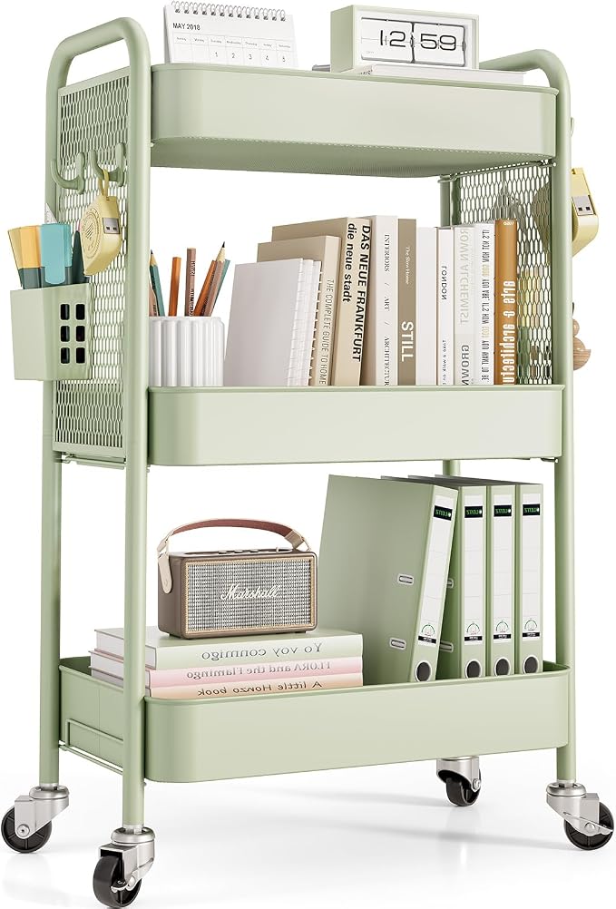 TOOLF 3 Tier Rolling Cart, Metal Utility Storage Cart with Pegboard, Green | 2 Bins & 4 Hooks, Screwless Assembly, Lockable Wheels, Trolley Organizer for Bathroom, Kitchen, Office, Dorm, Craft Room