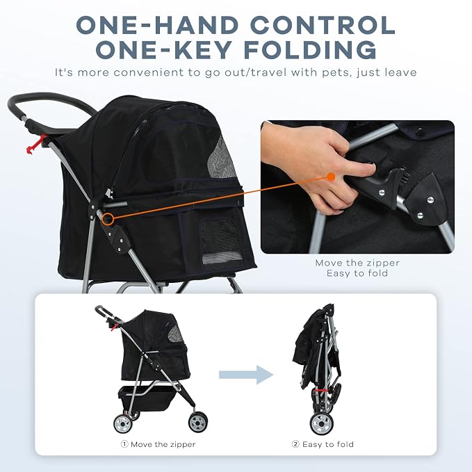 HCY Dog Stroller, Pet Stroller Wheels Carrier Strolling Cart Travel Folding Cart for Puppy Small-Medium Dog, Cat (Black), 18.5 x 33 x 38.5 (inch)