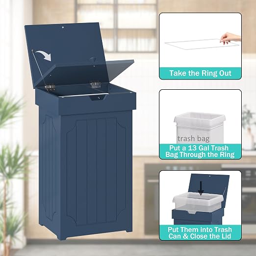 Function Home Trash Can Cabinet, 13 Gallon Kitchen Garbage Can, Wood Recycling Trash Bin, Freestanding Dog Proof Trash Can, Farmhouse Trash Cabinet with Lid for Home Kitchen Bathroom, Blue