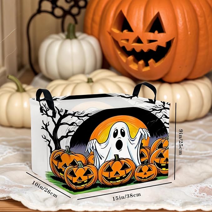 Large Halloween Basket Gift Cute Ghost Pumpkin Parties Decor Kid Trick or Treat Basket for Boys and Girls Rectangular Storage Bin Box (Great Ghost)