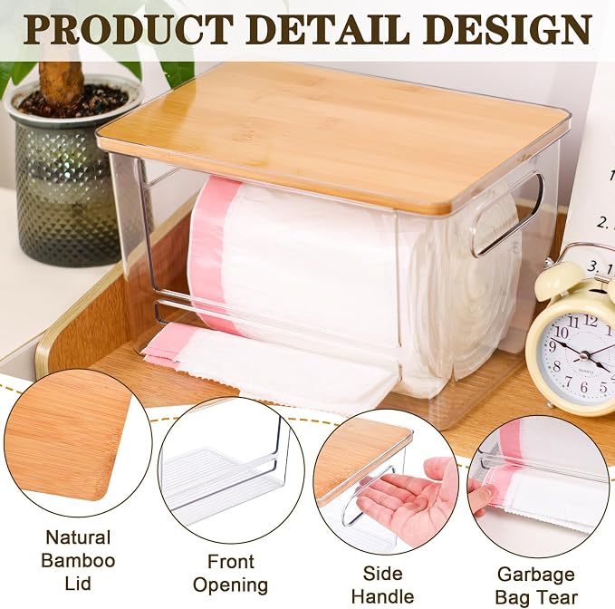 Trash Bag Dispenser Under Sink Organizer for Pantry, Kitchen | Acrylic Garbage Bag Dispenser, with Bamboo Top & Handles, Extra Large, Keep Onions and Potatoes Neat, Clear, Stackable