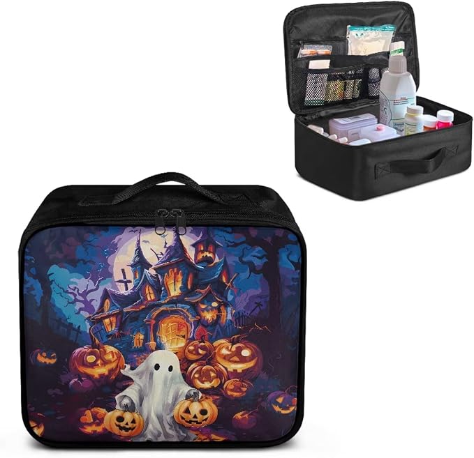 Halloween Empty First Aid Bag Ghost Castle Print Empty First Aid Bag Medical Bag for Home Office and Travel Use Lightweight Washable Soft Fabric