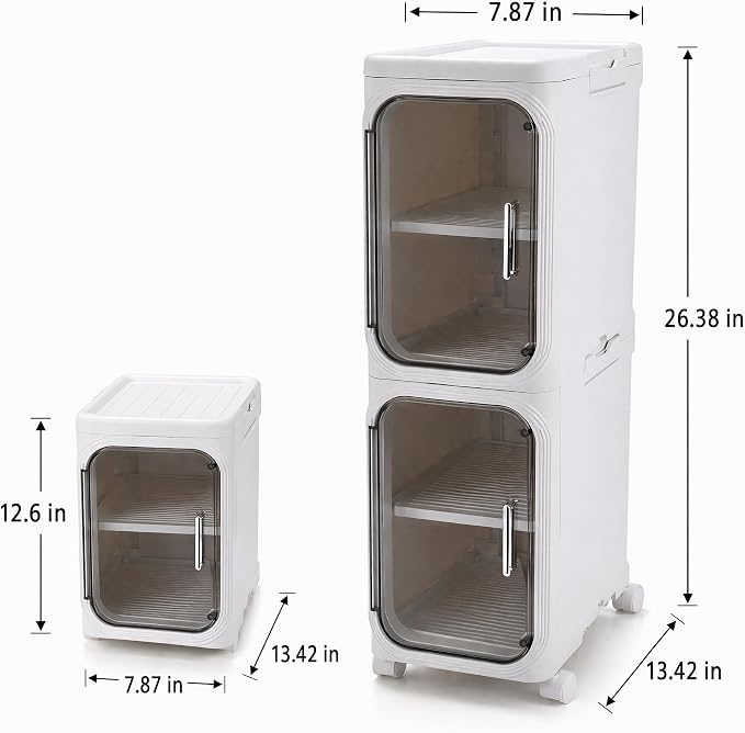 Narrow Slim Bathroom Storage Cabinet, 2 Tier with Wheels, Foldable, White | Tools Free, Adjustable Shelves,Lockable Wheels, Magnetic Door, PET and ABS, Storage for Narrow Spaces