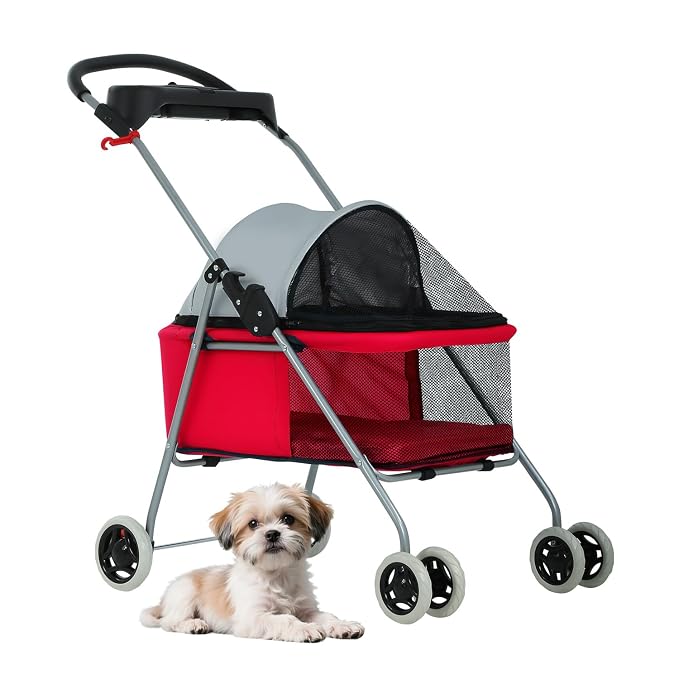 BestPet Foldable Pet Stroller for Small/Medium Dogs and Cats Up to 33 lbs | 4-Wheel Stroller Pet Strolling Cart w/ Breathable Mesh, Lockable Rear Wheels, Cup Holder/Tray & Storage Box, Red