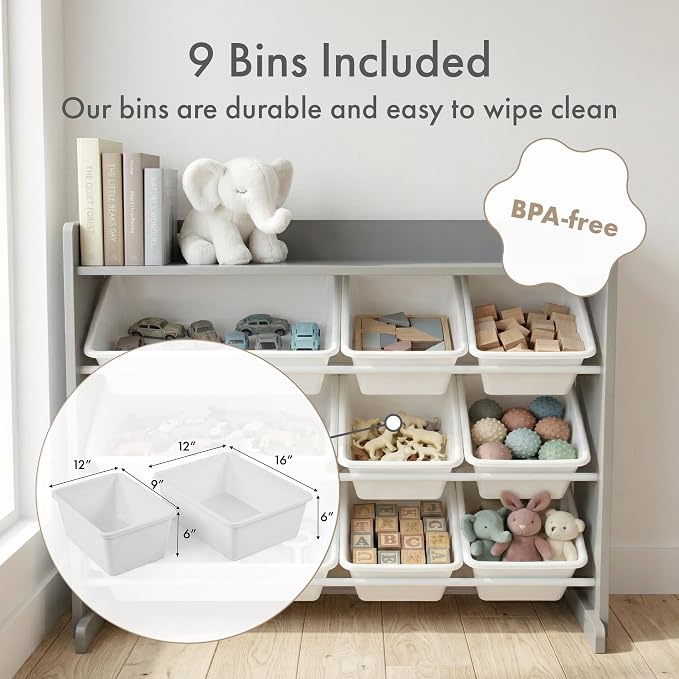 Humble Crew Kids Toy Organizer with Display Shelf, 9 Bins, 3 Tier Storage | Sturdy wood and steel toddler shelf, removable BPA-free containers, wall anchor anti-tip safety kit for bedroom or classroom