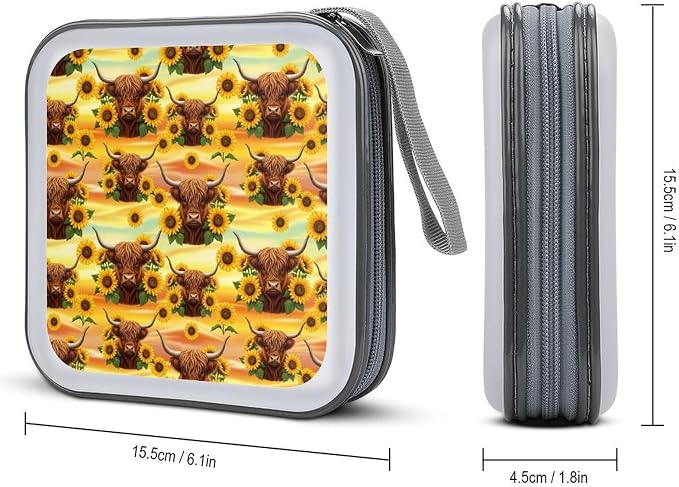40-Disc CD/DVD Organizer Wallet Highland Cow Sunflowers, Heavy-Duty Hard Plastic Binder, Portable Storage Case with Carry Strap for Car