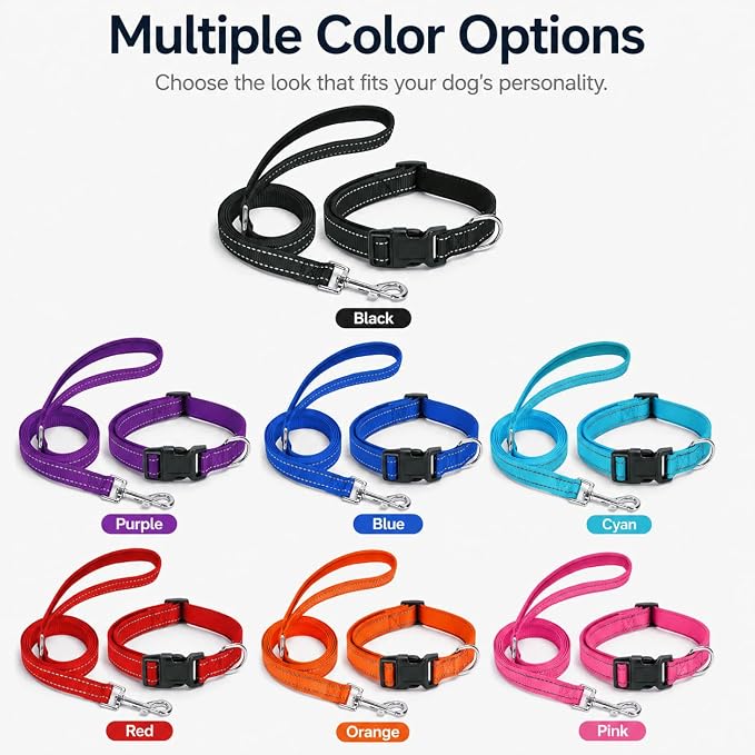 Reflective Soft Neoprene Padded Matching Dog Collar with Leash Airtag Holder Case Set Safety Breathable Adjustable Nylon Dog Collars for X-Small Small Medium Large Dogs-Red-XS