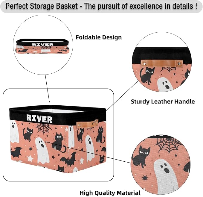 Personalized Dino Storage Basket with Name, Rectangle Toys Storage Bin with Handles for Baby Girls, Collapsible Basket for Clothes, Books, Halloween Spider Wed Ghost Cat Bat