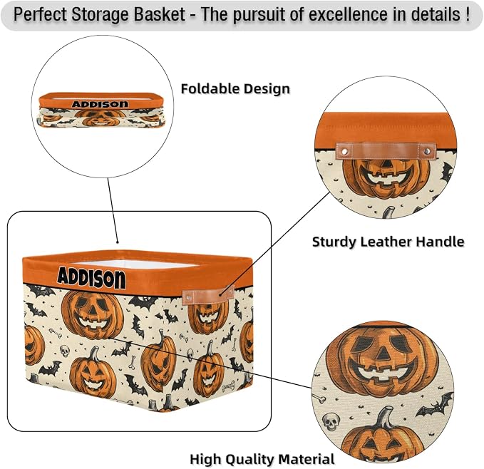 Custom Name Storage Basket Happy Halloween Pumpkin Bat Storage Box Bins Organizing Kids Pets Toys Closet Shelf Clothes Books